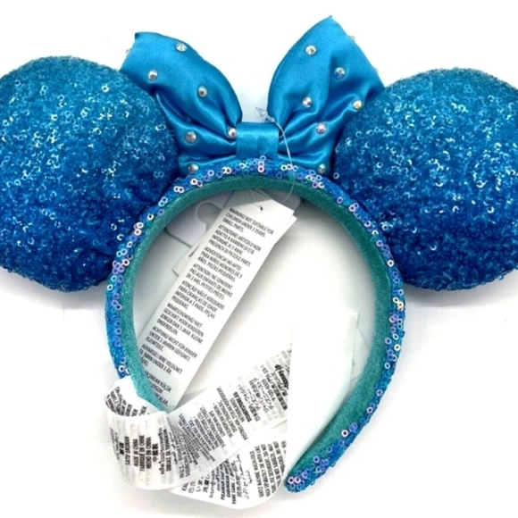 Disney Parks Blue Aqua Sequined Minnie Mouse Ear Headband Crystal Bow LAST ONE - Picture 3 of 6